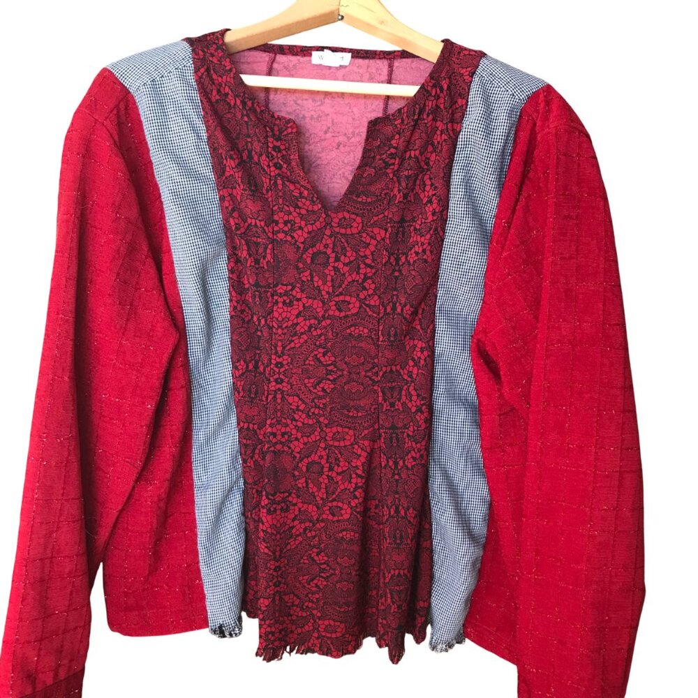 Upcycled Patchwork Pullover Shirt, Mixed Print Spliced Floral Blouse Size M - L